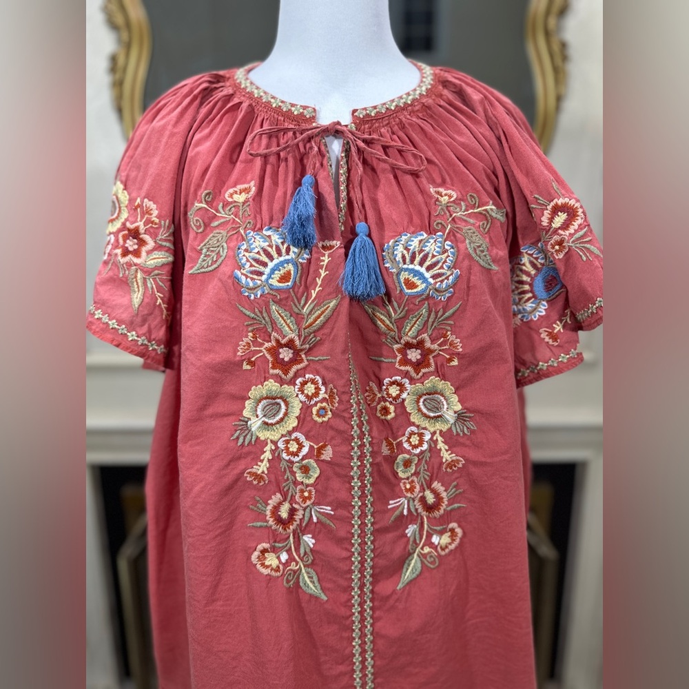Kyla Seo Kiora Embroidered Blouse Coral Boho Cottagecore Festival Top size XL - Picture 2 of 8